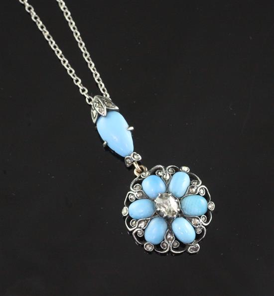 A late Victorian gold, silver, turquoise and diamond drop pendant, pendant overall 1.5in.